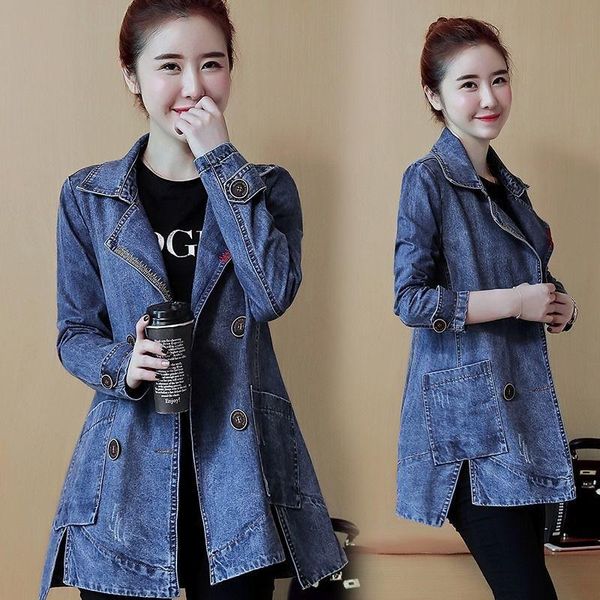 

2020 new autumn women's denim jacket vintage casual double breasted long jeans coat turn-down collar outwear bomber jacket p732, Black;brown