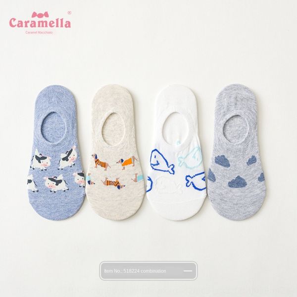 

caramella spring and summer women's 4 pairs of cute cartoon cow animal all cotton women's shallow mouth invisible socks invisible, Black