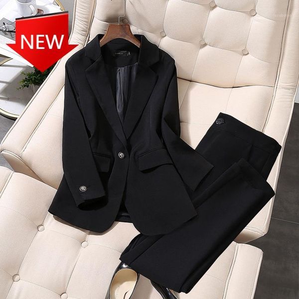 

women's two piece pants solid red elegant single breasted turn-down collar blazers and full length trousers women's office lady pi, White