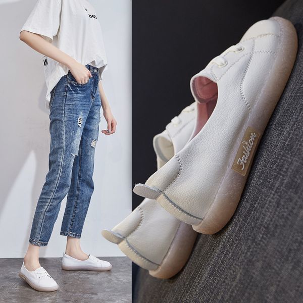 

large size genuine leather casual shoes women sneakers cowhide vulcanized shoe autumn comfortable flats female white sneaker 41 201105, Black