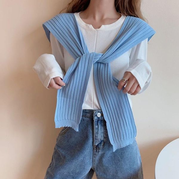 

women sweater spring autumn decorated with air-conditioning room scarf shoulde retro navy wind shawl stripes knitted sweater, Blue;gray