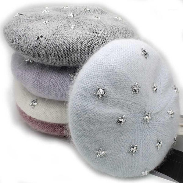 

berets [onidfurow] fashion women angora solid color beret female bonnet caps winter all matched warm walking hat with stars1, Blue;gray