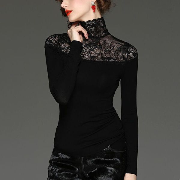 

2021 new women modal turtleneck lace blouses hollow out long sleeve blouse lady elegant floral embroidery elastic shirt z11, White