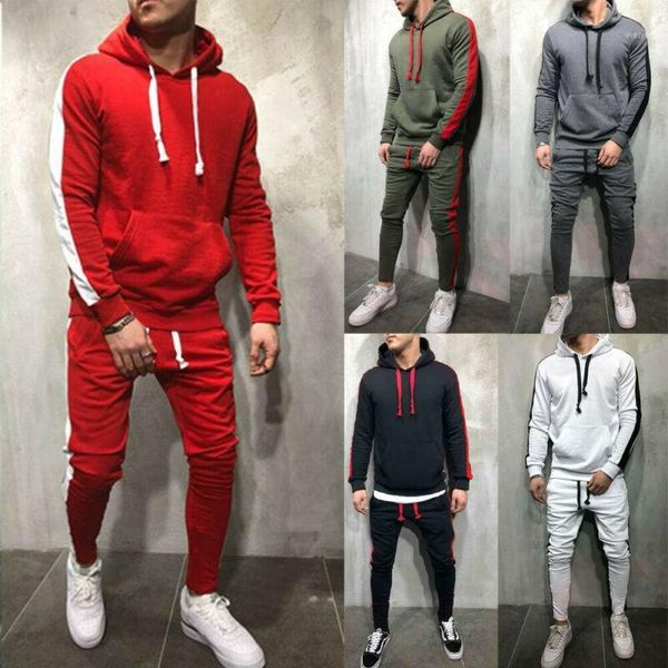 

men's tracksuit set gym sports hooded hoodies + pencil pant striped jogging joggers outfit, Gray