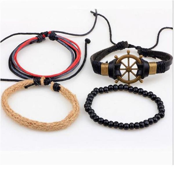 

4pcs/ set punk braided wrap leather bracelets for men women vintage wooden beads ethnic tribal wristbands men bracelet sqczws, Golden;silver