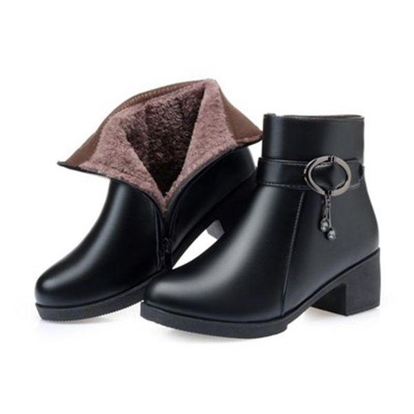 

zzpohe genuine leather women slip on snow boots mother winter shoes famale large size warm boots women's ankle 35-41, Black