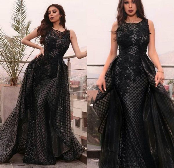 

черный вечерние платья со съемными поезд jewel шея кружева аппликация блестки платье развертки поезд long formal партии мантий, Black