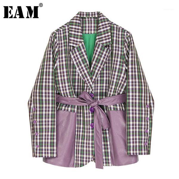 

eam] women purple plaid pu leather big size blazer new lapel long sleeve loose fit jacket fashion spring autumn 2020 1z1311, White;black