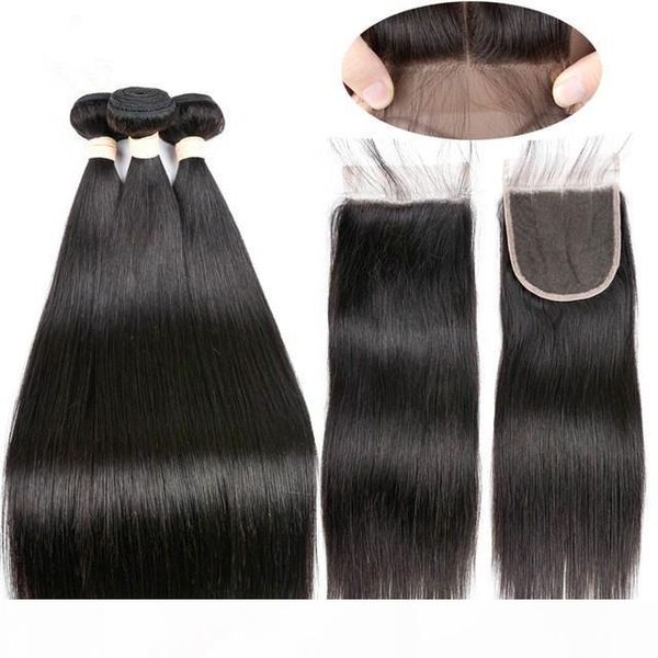 

brazilian straight hair weave natural color virgin hair extention three part 100% human hair 3 bundles with closure, Black