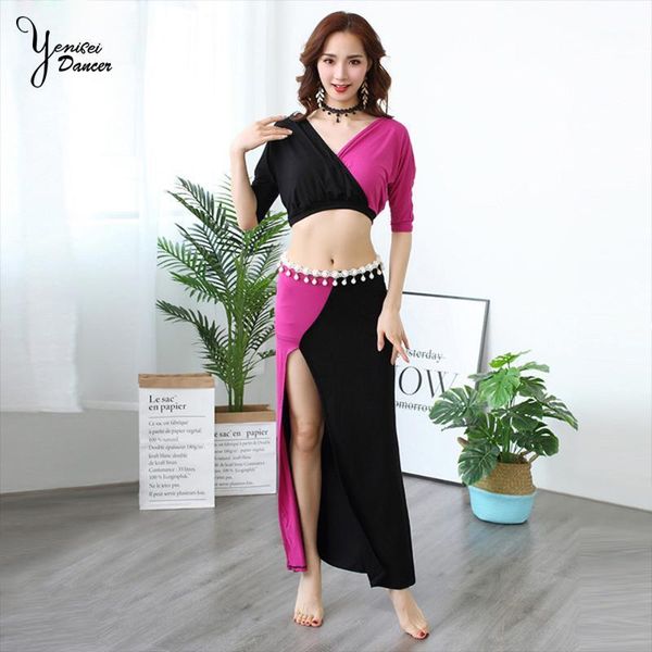 

modal belly dance practice clothes new loose long skirt suit women1, Black;red
