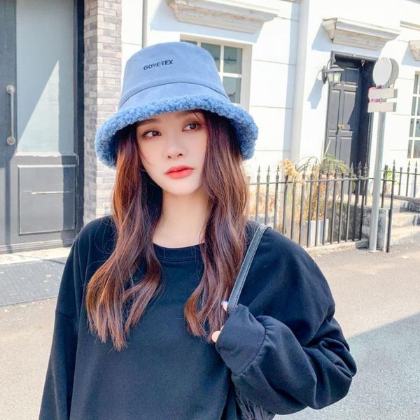 

stingy brim hats hat female wool lamb fisherman fashion autumn and winter korean style trendy wild small fresh art basin, Blue;gray