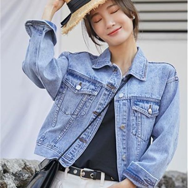 

2021 new back embroidered letters denim women spring autumn basic short coat veste femme kurtka female streetwear jean jacket r4nm, Black;brown