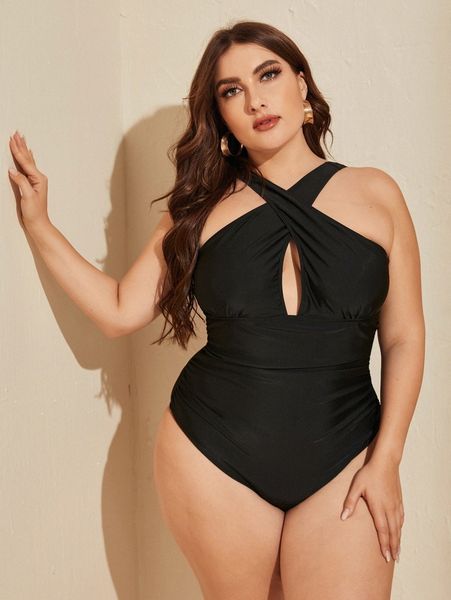 

plus cross front one piece swimsuit c77p#, Black