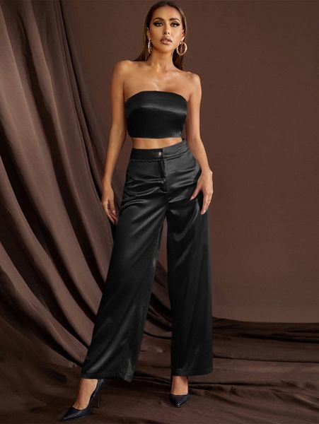 

satin tube & wide leg pants h4fu#, White