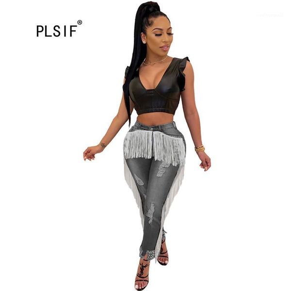 

women's jeans european fashion tassel spliced lady high waist pencil pants club tide denim pants1, Blue