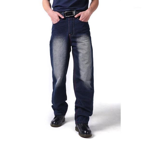 

mcikkny men's loose baggy jeans pants washed straight denim trousers for male plus size 30-441, Blue