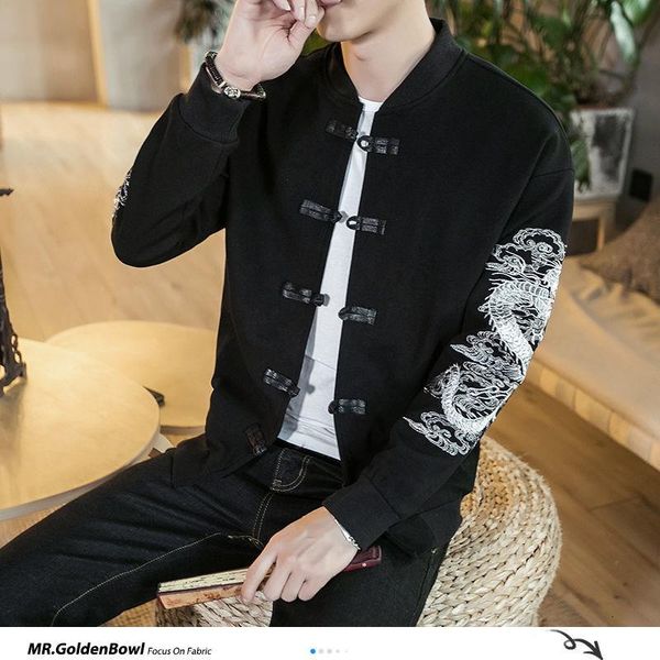 

mrgoldenbowl chinese dargon embroidery men black jackets buttons men's casual coats 2020 autumn man japanese jacket coat 5xl, Black;brown