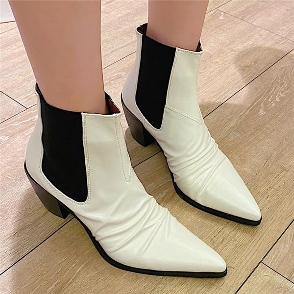 

boots full cowhide design pleated western cowboy fall winter crude heel pointed women shoes slip-on black white ankle booties