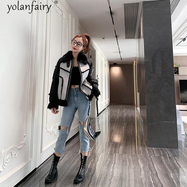 

women's fur & faux real coat female jacket winter clothes women motorcycle sheep shearling jackets for 2021 warm genuine leather, Black