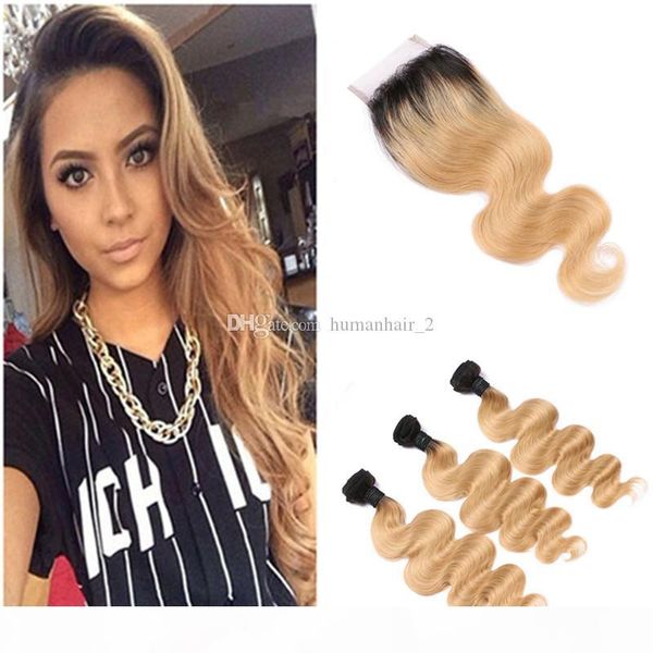 

peruvian virgin hair honey blonde lace closure with body wave human hair weave 1b 27 ombre lace closure with strawberry blonde hair bundles, Black;brown