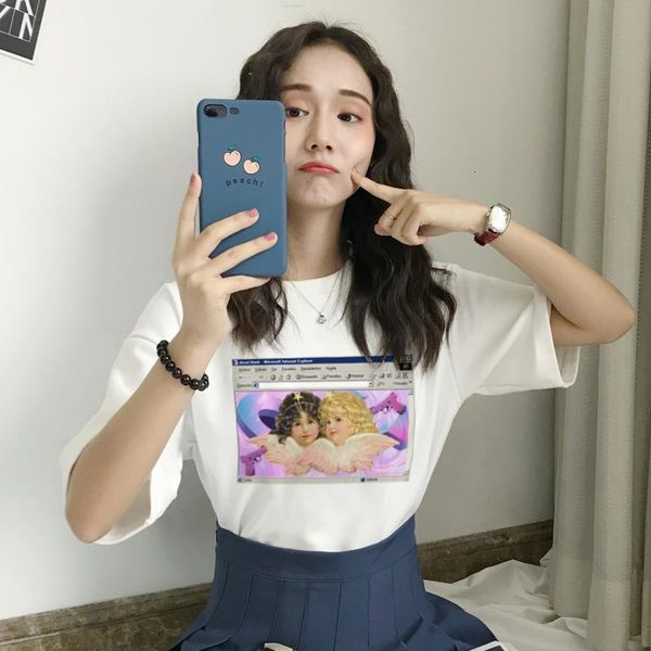

старинные kawaii angel rapide print женский mujer tumblr футболка с коротким рукавом harajuku streetwear повседневная летняя женская одежда, White