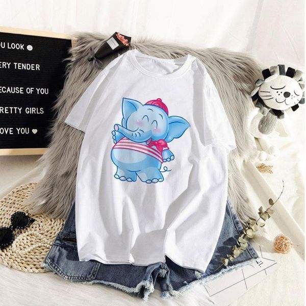 

women t shirt kawaii elephant print short sleeve round neck harajuku ulzzang female t shirts clothing camisas mujer, White
