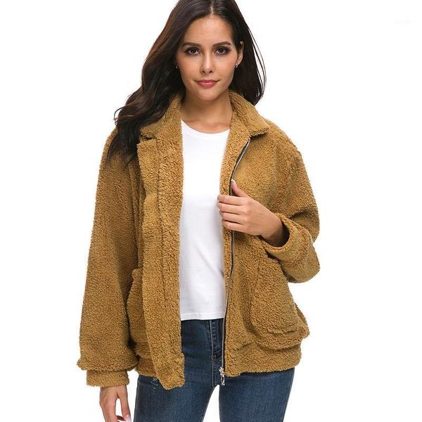 

2019 fall winter long sleeve faux lamb fur coats solid elegant thick plus size turn down collar lady jacket shaggy1, Black;brown
