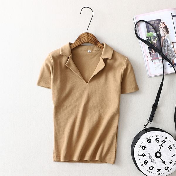 

rtmsw 2020 summer new women's slim v-neck peanut short tshirt t-shirt knitted fitting thread bottomed sleeve wafte, White