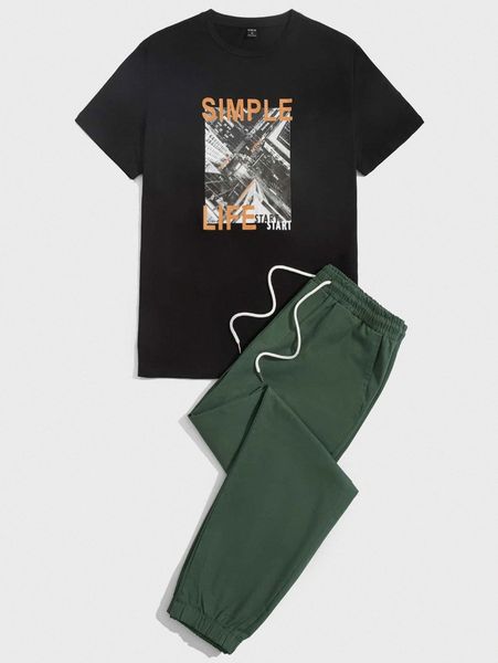 

men skyscraper & letter graphic tee & drawstring waist pants a8xa#, Gray