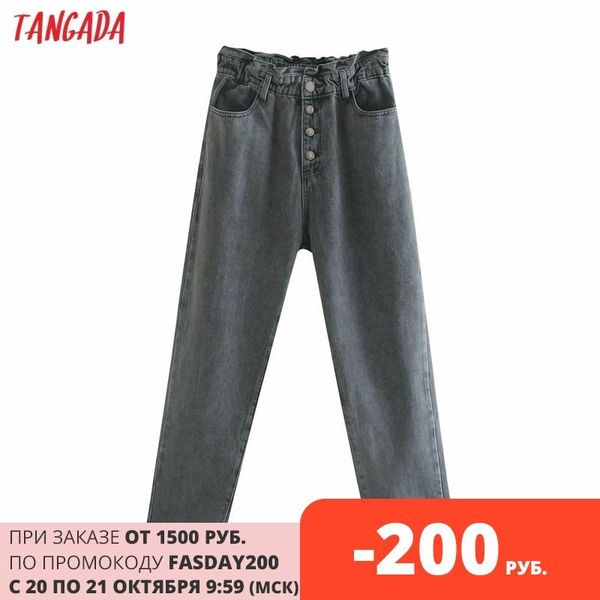 

women's jeans tangada 2021 fashion women loose pants long trousers strethy waist pockets buttons female 6p7, Blue