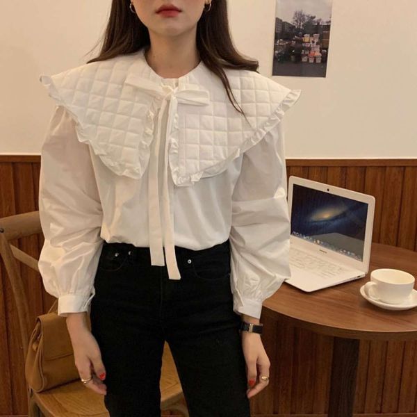 

dign age reducing doll plaid lapel pleated ear lace loose shirt 33544, White