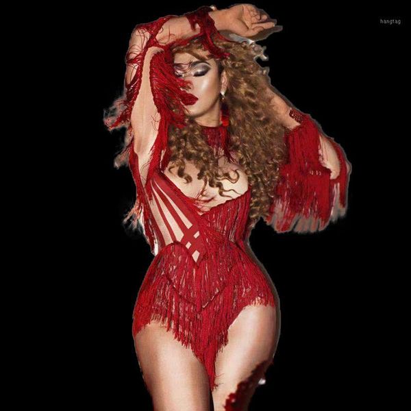 

red tassel elastic skinny bodysuit long sleeve leotard stage wear nightclub dj female singer dancer performance costumes dn63561, Black;red