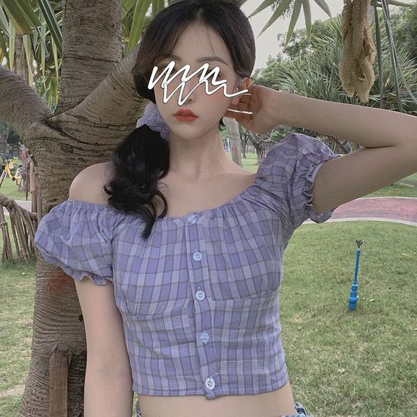 

square collar puff sleeve plaid print t-shirt women short button bottoming tee fashion slim purple tshirt1, White