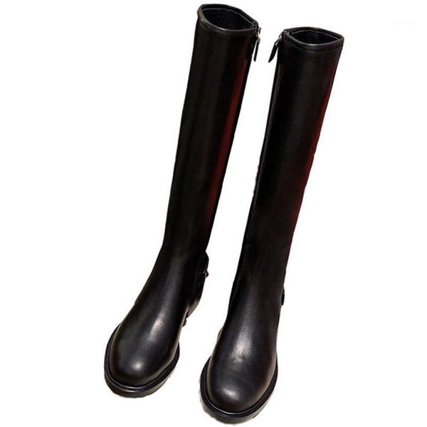 

fashionable zip straight high riding boots back strap rivet decorated knee long booties platform cow skin comfortable boottes1, Black