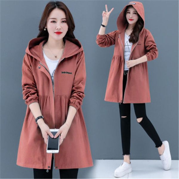 

women windbreaker jacket fashion trend cardigan long sleeve thin mid-length hooded coat designer female autumn new causal zipper outerwear, Black;brown