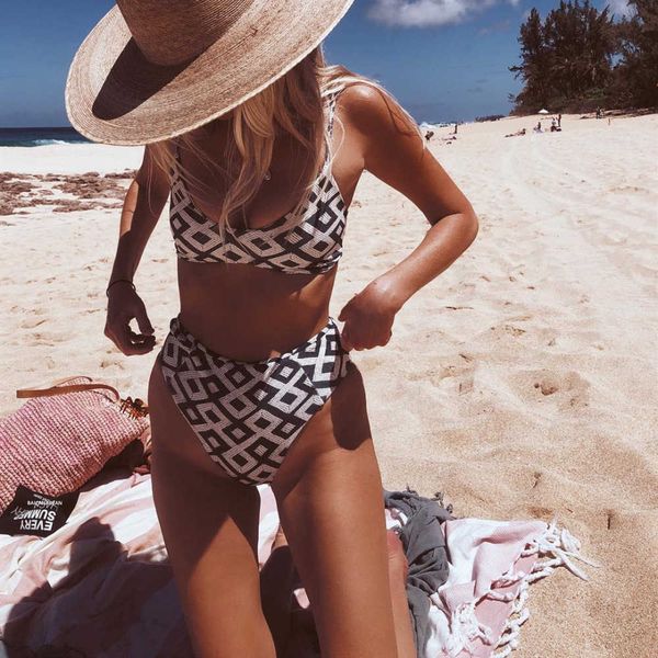 

swimsuit 2021 new high waist geometric printed bikini black and white plaid women's swimsuit kim kardashian high cut ladies, White;black