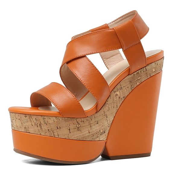 

2021 genuine leather soft women's slide wedges high heels woman shoes party sandals 39 67g4, Black