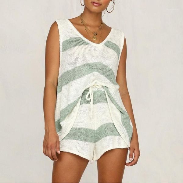

summer loose casual outfit 2pcs womens tracksuit ladies sleeveless +shorts sportsuit sets female striped drawstring suits1, White