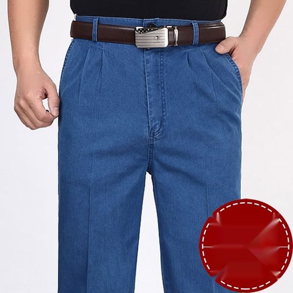 

весна лето тонкий среднего возраста джинсы и jeanspants и jeanshigh эластичностью джинсы мужские высокой талии двойной складчатый свободный, Blue