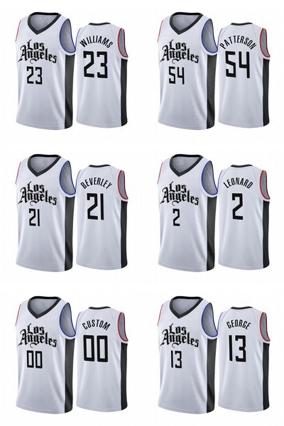 

custom 2020 clipper city white jerseys 54 patterson 21 beverley 2 leonard 00 custom 13 george 5 harrell 40 zubac basketball jersey, Black;red