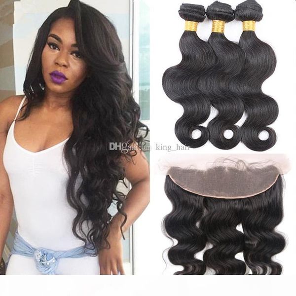 

8a brazilian body wave human hair bundles with lace frontal part ear to ear lace frontal with bundles 4pcs lot, Black
