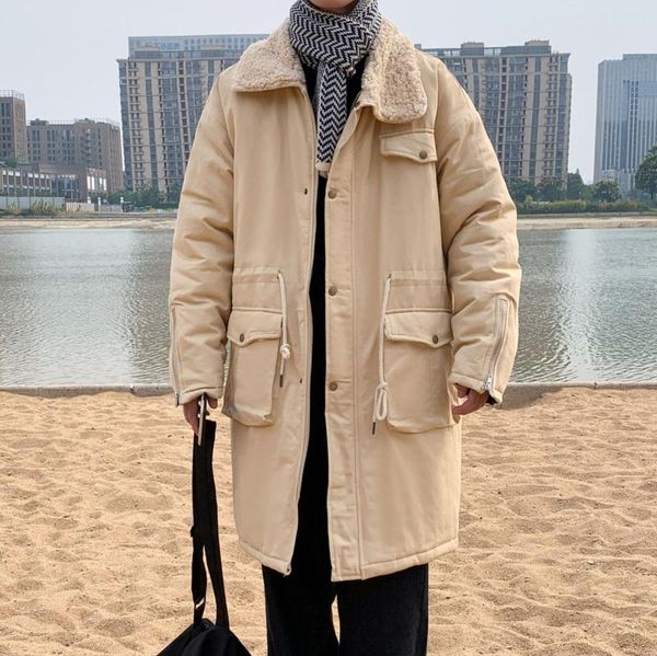 

men's down & parkas 2021 winter youth loose large size mid-length lamb fur collar cotton jacket fashion casual m-5xl, Black