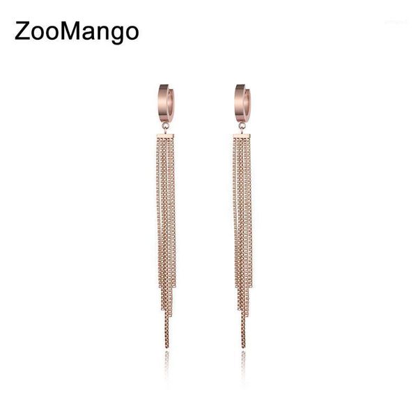 

charm zoomango creative rose gold color long tassel hoop earrings fashion titanium steel anniversary for party women ze170691, Golden