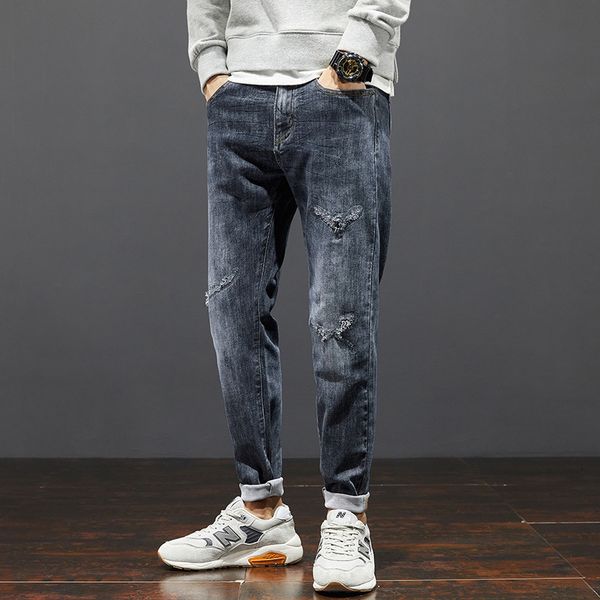 

2021 new japanese style fashion men jeans elastic slim ripped denim trousers streetwear patchwork vintage designer hip hop pencil pants ai6u, Blue