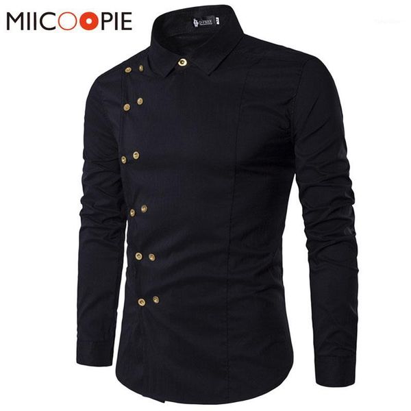 

spring shirts men personality oblique button irregular double breasted men long sleeve camisa masculina male slim fit shirt1, White;black