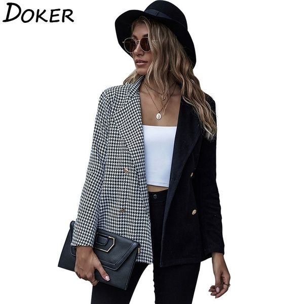 

autumn winter plaid blazer women long sleeve plus size ladies office coats houndstooth fashion blazers and jackets feminino y201026, White;black