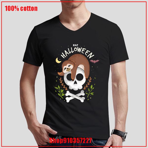 

sloth skelleton nap halloween print men plus size casual short sleeve v neck cute style streetwear sport hooded sweatshirt hoodie t shirt
