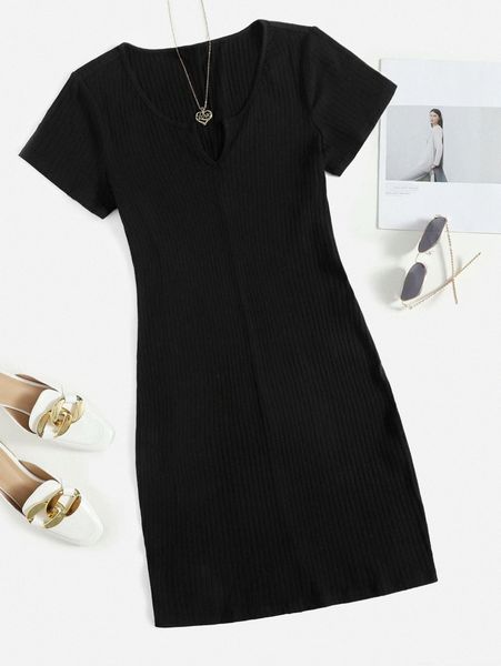

plus notch collar rib-knit solid dress v96r#, Black