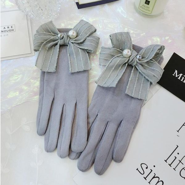 

women elegant bow knot touch screen gloves winter ladies warm full finger gloves female pink gray suede mittens girls agb595, Blue;gray