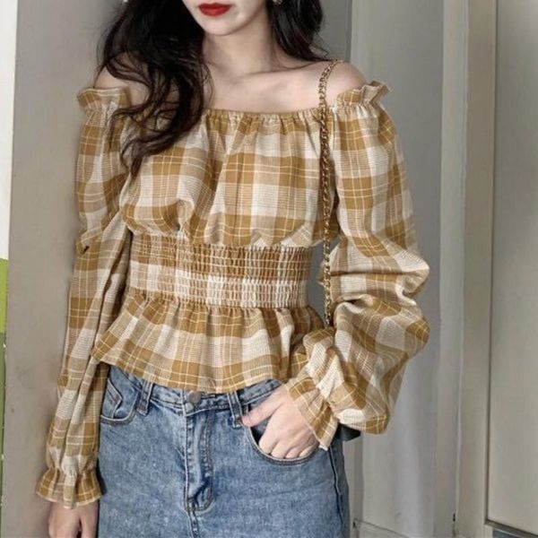 

ruffle long elegant plaid women casual puff sleeve chiffon retro korean blouse new 2021 autumn clothing, White